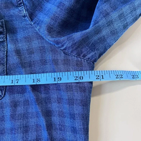J Jill Blue Denim Check Dress Womens M Plaid Long Sleeve Button Up Distress Boho - Picture 12 of 13
